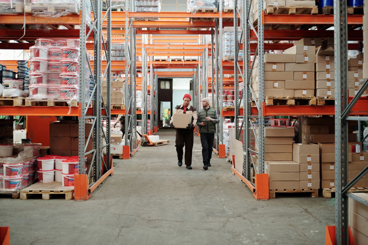 Warehouse logistics shelving with boxed parts ready for exchange