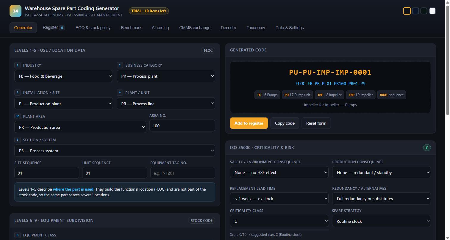 ISO 14224 Spare Part Code Generator screenshot